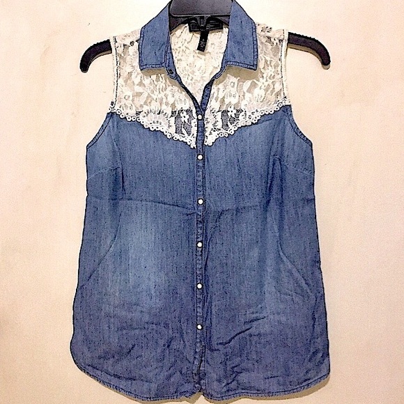 🌷NWOT Jessica Simpson Denim & Cream Lace Top (S) - Picture 10 of 10
